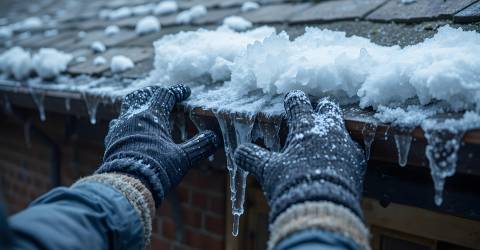 Handen met handschoenen halen ijs en sneeuw uit een dakgoot